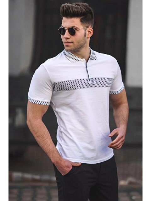 Madmext Beyaz Desenli Polo Yaka Erkek Tişört 3058-7