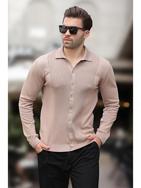 Madmext Bej Polo Yaka Çizgili Düğme Detaylı Erkek Kazak 7281 - S000281379-19928