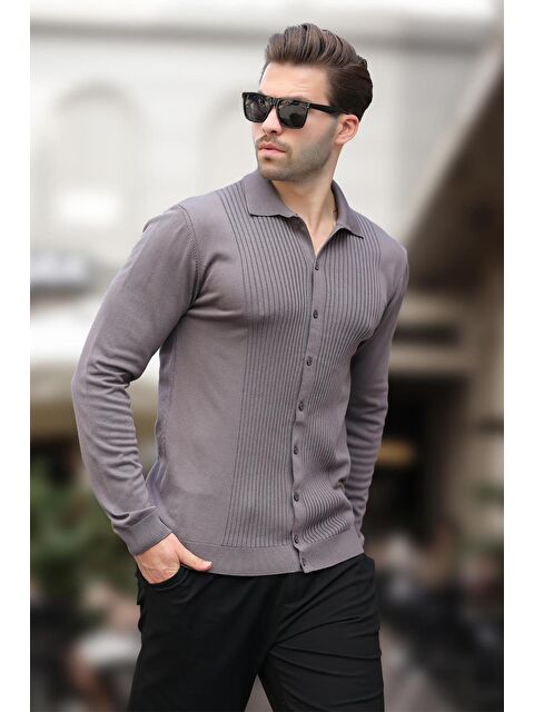 Madmext Koyu Gri Polo Yaka Çizgili Düğme Detaylı Erkek Kazak 7281 - S000281379-29351