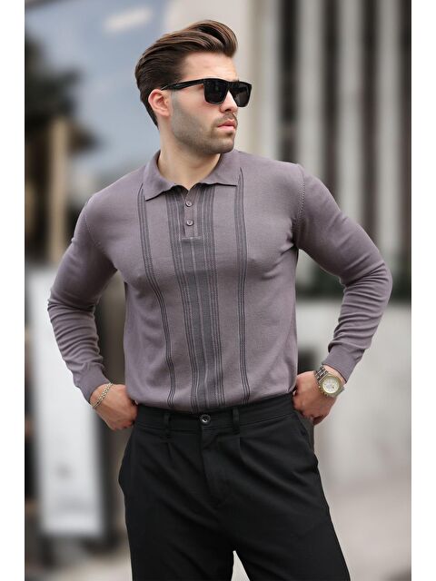 Madmext Koyu Gri Polo Yaka Çizgili Erkek Triko Kazak 7265 - S000281380-29351