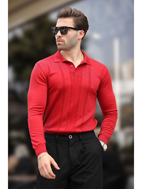 Madmext Kırmızı Polo Yaka Çizgili Erkek Triko Kazak 7265 - S000281380-20045