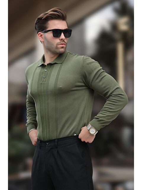 Madmext Haki Polo Yaka Çizgili Erkek Triko Kazak 7265 - S000281380-18547
