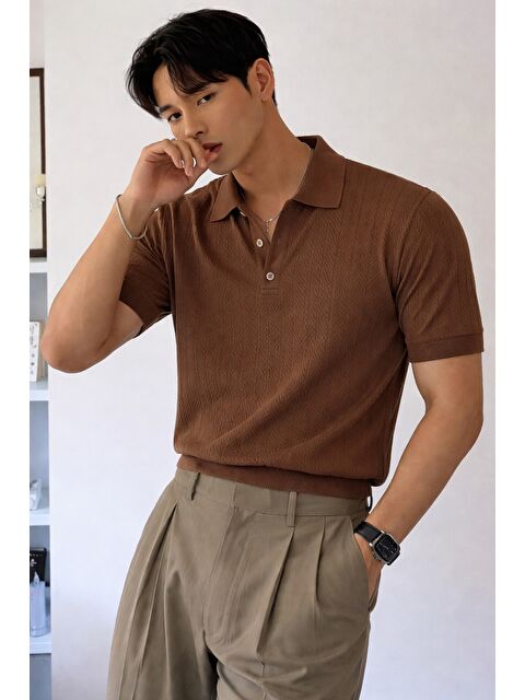 Tarz Cool Erkek Triko Polo Yaka Tişört Slim İnce Dokulu Basic Triko T-Shirt