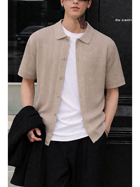 Tarz Cool Çizgili Erkek Triko Gömlek Yaka Hırka Yazlık Rahat Kesim