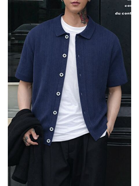 Tarz Cool Çizgili Erkek Triko Gömlek Yaka Hırka Yazlık Rahat Kesim