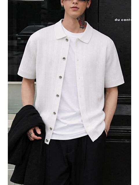 Tarz Cool Çizgili Erkek Triko Gömlek Yaka Hırka Yazlık Rahat Kesim