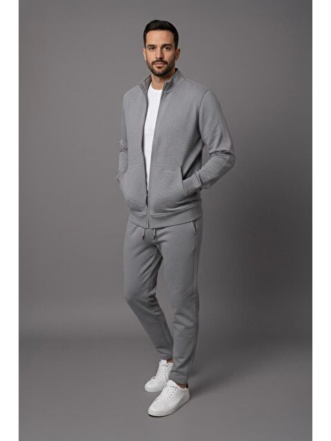 Sabri Özel Gri Melanj Regular Fit Pamuklu Fermuarlı Eşofman Takımı - S000490724-74