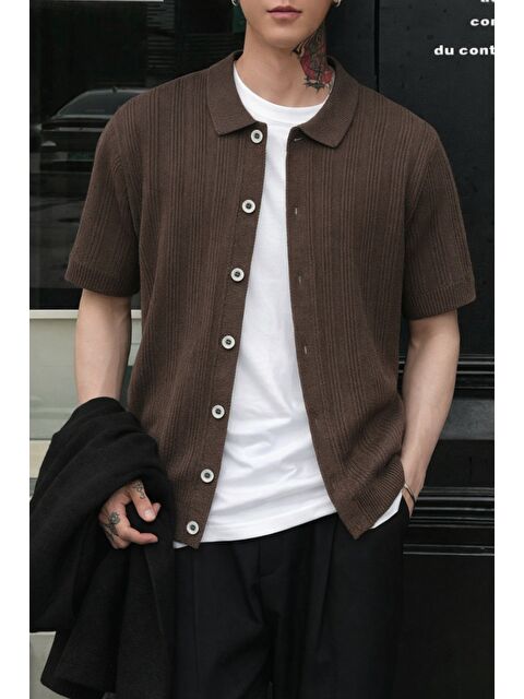 Tarz Cool Çizgili Erkek Triko Gömlek Yaka Hırka Yazlık Rahat Kesim