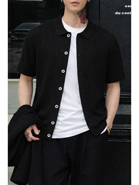 Tarz Cool Çizgili Erkek Triko Gömlek Yaka Hırka Yazlık Rahat Kesim