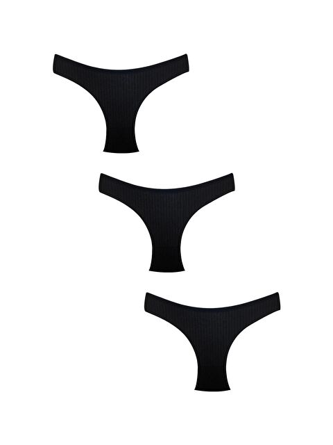 Kompedan 3'Lü Pamuklu Kabartmalı Ribana Külot | Siyah 0385 - S000360118-19351