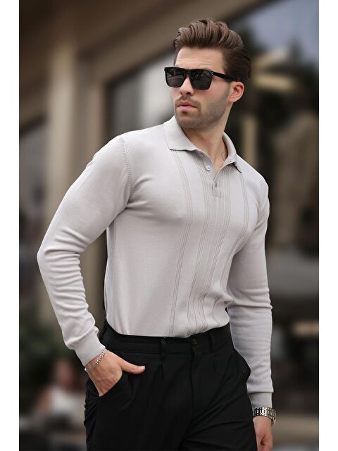 Madmext Gri Polo Yaka Çizgili Erkek Triko Kazak 7265 - S000281380-20600