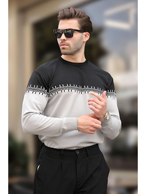 Madmext Siyah Desenli İki Renk Bisiklet Yaka Erkek Triko Kazak 7276 - S000281386-19351