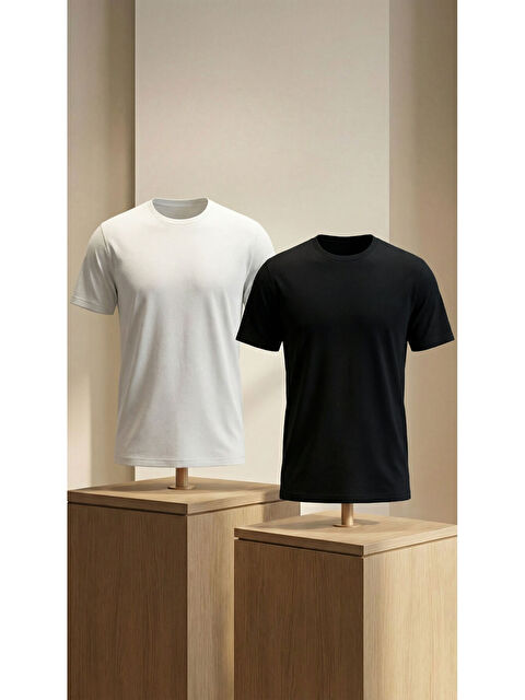 Etikmen Premium %100 Organik Pamuk 2'li Beyaz-Siyah Basic Slimfit Erkek Tişört - S000497700-37246