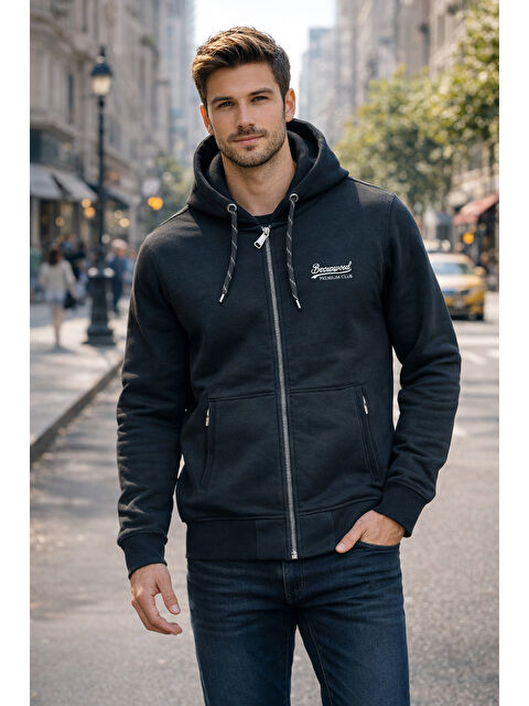Remsa Erkek Üç İplik Şardonlu Pamuklu Önü Fermuarlı Kapüşonlu Tek Üst Ceket 0317 Siyah - S000493990-19351