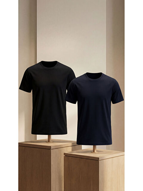 Etikmen Premium %100 Organik Pamuk 2'li Siyah-Lacivert Basic Slimfit Erkek Tişört - S000497700-37436