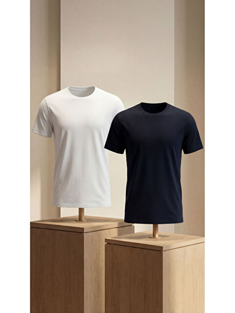 Etikmen Premium %100 Organik Pamuk 2'li Lacivert-Beyaz Basic Slimfit Erkek Tişört - S000497700-37341