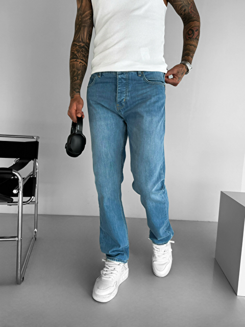 Abluka Online Erkek Baggy Fit Kesim Eskitmeli Denim %100 Pamuk Jean Pantolon Mavi