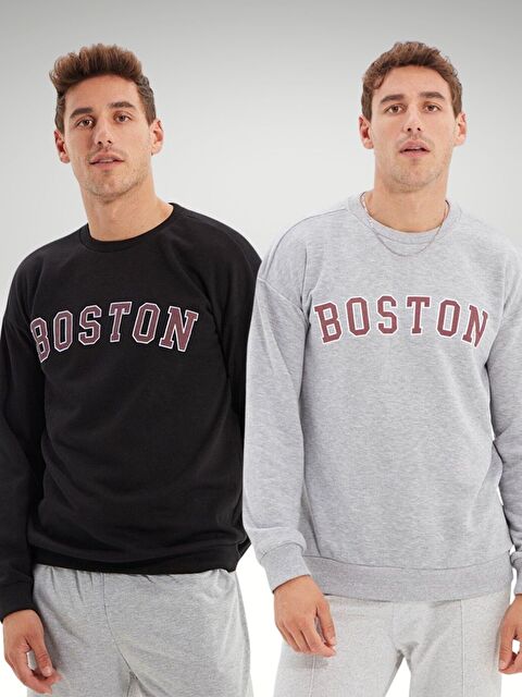 Trendseninle 2Li Set Siyah+Gri Boston Baskılı Bisiklet Yaka Oversize Sweatshirt - S000490754-37430