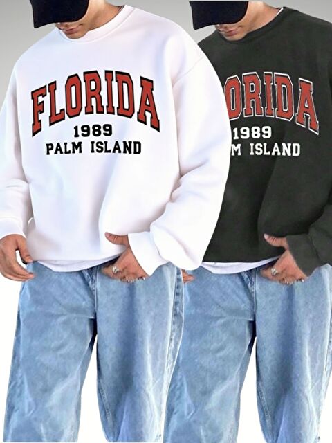 Trendseninle 2Li Set Beyaz+Füme Florida Baskılı Bisiklet Yaka Oversize Sweatshirt - S000490755-37477