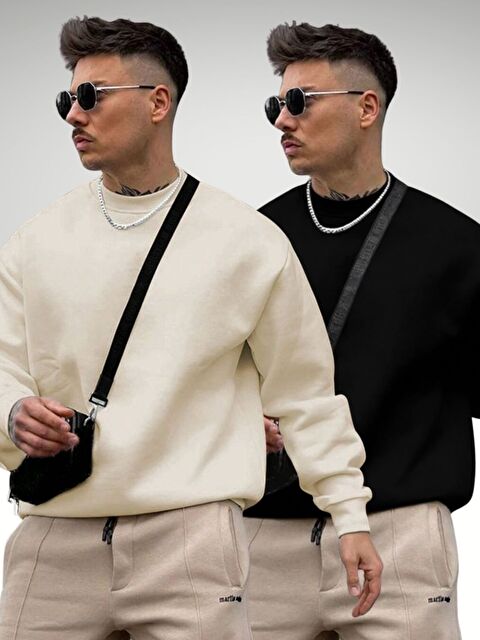 Trendseninle 2Li Set Siyah+Bej Düz Bisiklet Yaka Oversize Sweatshirt - S000490757-37423
