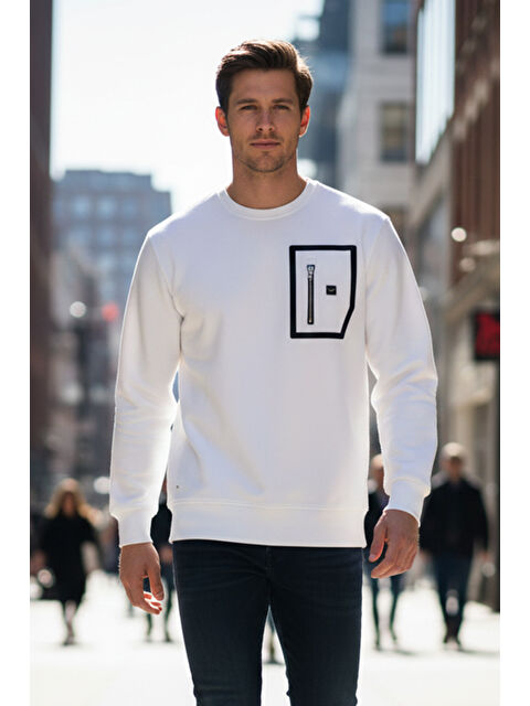 Remsa Erkek Fermuar Detay Bisiklet Yaka Pamuklu Sweatshirt 24722 Ekru - S000493991-19965