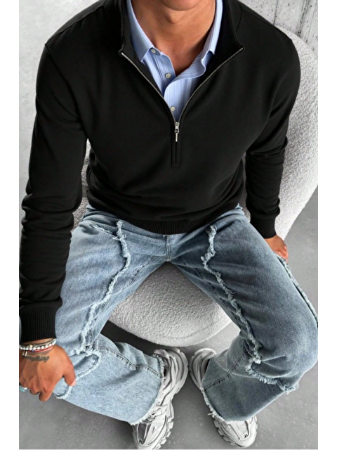 Tarz Cool Erkek Siyah Regular Fit Yarım Pat Fermuarlı Yaka Triko Kazak - S000474506-19351