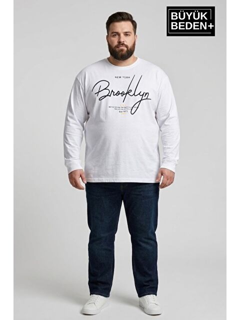 Süperlife Erkek Büyük Beden El Yazılı Brooklyn Baskılı 2 İplik Bisiklet Yaka Tişört SPR26BTS942-6