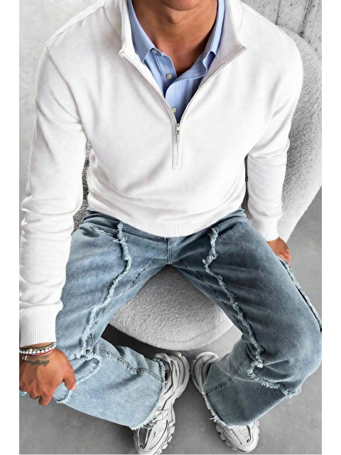 Tarz Cool Erkek Beyaz Regular Fit Yarım Pat Fermuarlı Yaka Triko Kazak - S000474506-20063