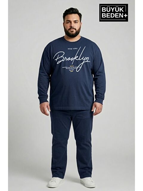 Süperlife Erkek Büyük Beden El Yazılı Brooklyn Baskılı 2 İplik Bisiklet Yaka Tişört SPR26BTS942-6