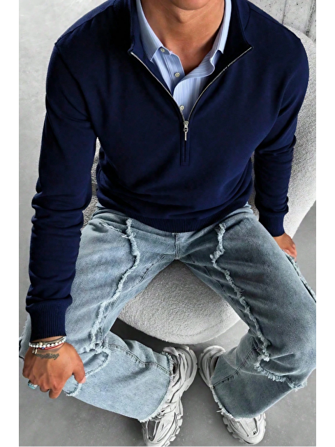 Tarz Cool Erkek Lacivert Regular Fit Yarım Pat Fermuarlı Yaka Triko Kazak - S000474506-21164