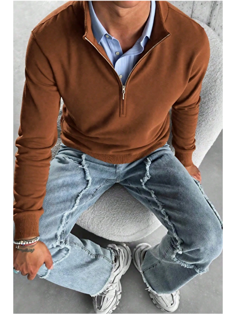 Tarz Cool Erkek Kahverengi Regular Fit Yarım Pat Fermuarlı Yaka Triko Kazak - S000474506-19413