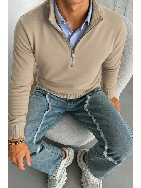 Tarz Cool Erkek Bej Regular Fit Yarım Pat Fermuarlı Yaka Triko Kazak - S000474506-19928