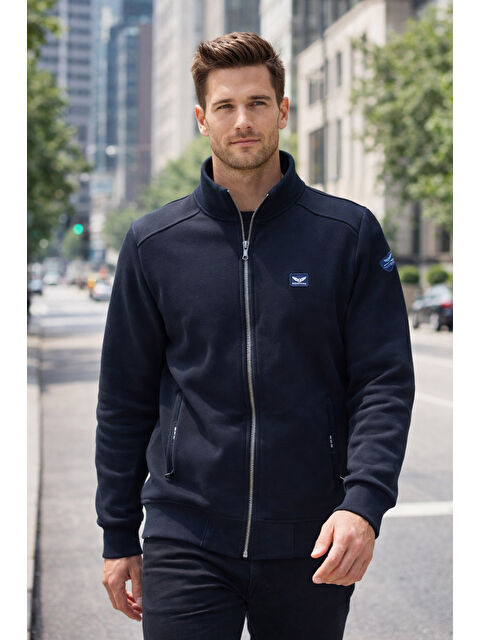 Remsa Üç İplik Şardonlu Pamuklu Önü Tek Üst Erkek Fermuarlı Sweatshirt Hırka 0347 Koyu Lacivert - S000493701-29672
