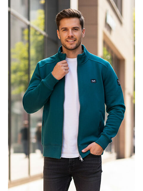 Remsa Üç İplik Şardonlu Pamuklu Önü Tek Üst Erkek Fermuarlı Sweatshirt Hırka 0347 Zümrüt Yeşil - S000493701-18709