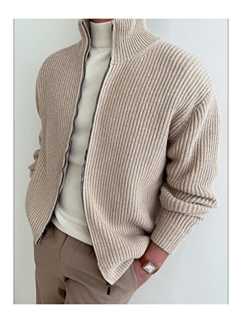 Tarz Cool Erkek Dik Yaka Fermuarlı Slim Fit Triko Hırka - S000474508-25636