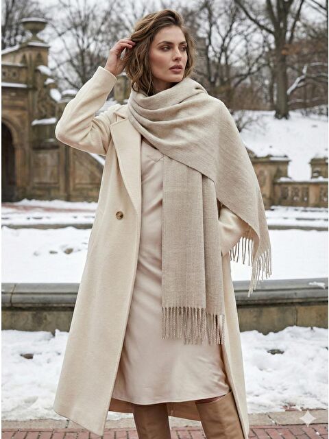 Luminos Butik Bej Püsküllü Atkı – Şal Ve Geniş Yapı, Soğuk Hava Için Ideal Sal1296 - S000474564-19928