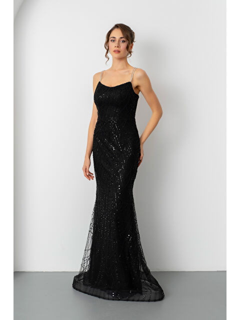 Lafaba Kadın Siyah Askılı Boncuklu Uzun Balık Abiye Elbise - S000449510-19351