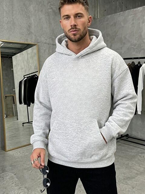 Trendseninle Gri Melanj Dont Sırt Baskılı Oversize Kapüşonlu Erkek Hoodie