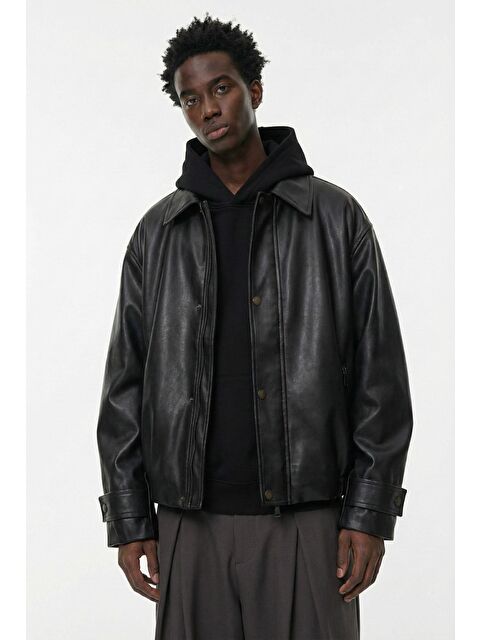 Abluka Online Erkek Boxy Fit Geniş Kesim Premium Deri Ceket Siyah - S000491216-19351