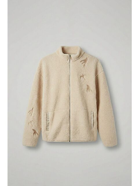 Abluka Online Relaxed Fit Premium Sherpa Nakış Detaylı   Erkek Fermuarlı Sweatshirt Hırka Bej - S000493703-19928