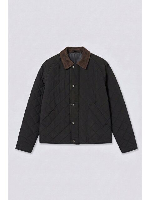 Abluka Online Erkek Oversize Kadife Yaka Detaylı Kapitone Ceket Siyah - S000491214-19351