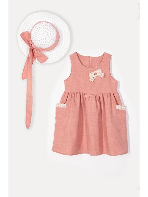 Zepkids Bisiklet Yaka Dantel Detaylı Şapka Aksesuarlı Pudra Renk Kız Çocuk Elbise - S000365215-7152