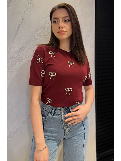 Gülseli Taş Detaylı Bisiklet Yaka Kadın Kısa Kol Bluz - S000361075-19951