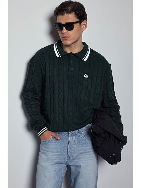 Abluka Online Erkek Oversize Polo Yaka Örgü Desenli Triko Kazak Yeşil - S000487350-18194