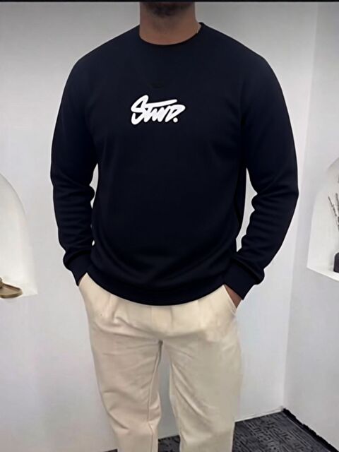 Trendseninle Erkek Siyah SWND. Baskılı Oversize Bisiklet Yaka Uzun Kollu Sweatshirt - S000504538-19351