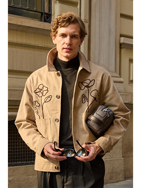 Danger Erkek Çiçek Desenli %100 Pamuk Ceket Bej - S000430705-19928