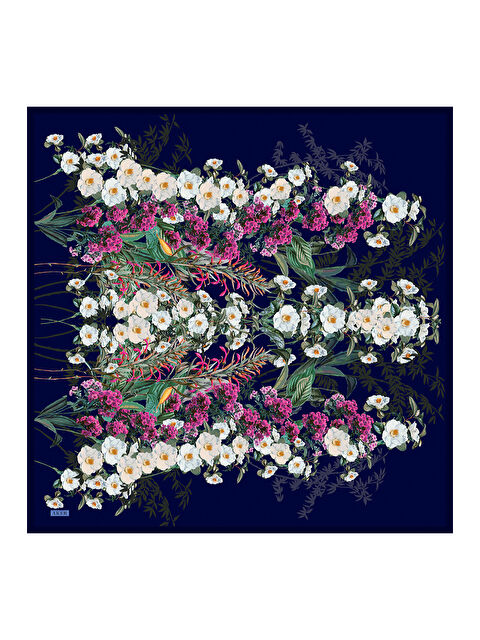 AKER Lacivert Fırça Desenli İpek Krep Saten Eşarp - S000484336-21164