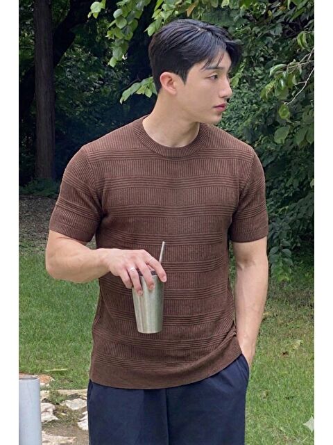 Tarz Cool Fitilli Triko Tişört Erkek Slim Fit Yazlık Premium Basic Üst