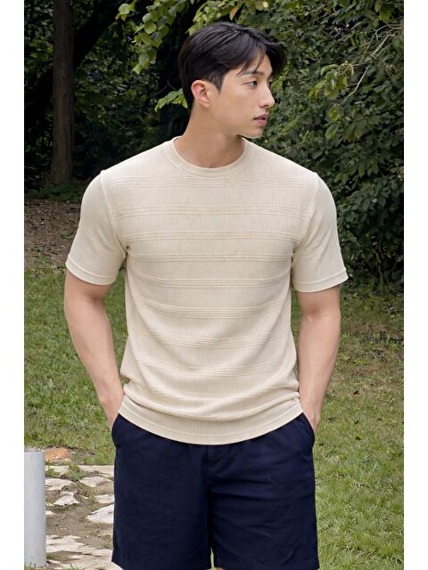 Tarz Cool Fitilli Triko Tişört Erkek Slim Fit Yazlık Premium Basic Üst