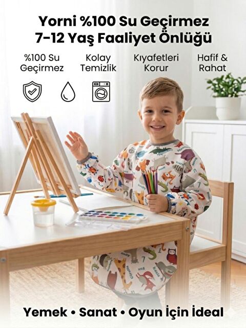 Yorni 7-11 Yaş, Zoo, Sıvı Geçirmez, Makinede Yıkanabilir, Uzun Kollu Çocuk, Aktivite Mama Önlüğü